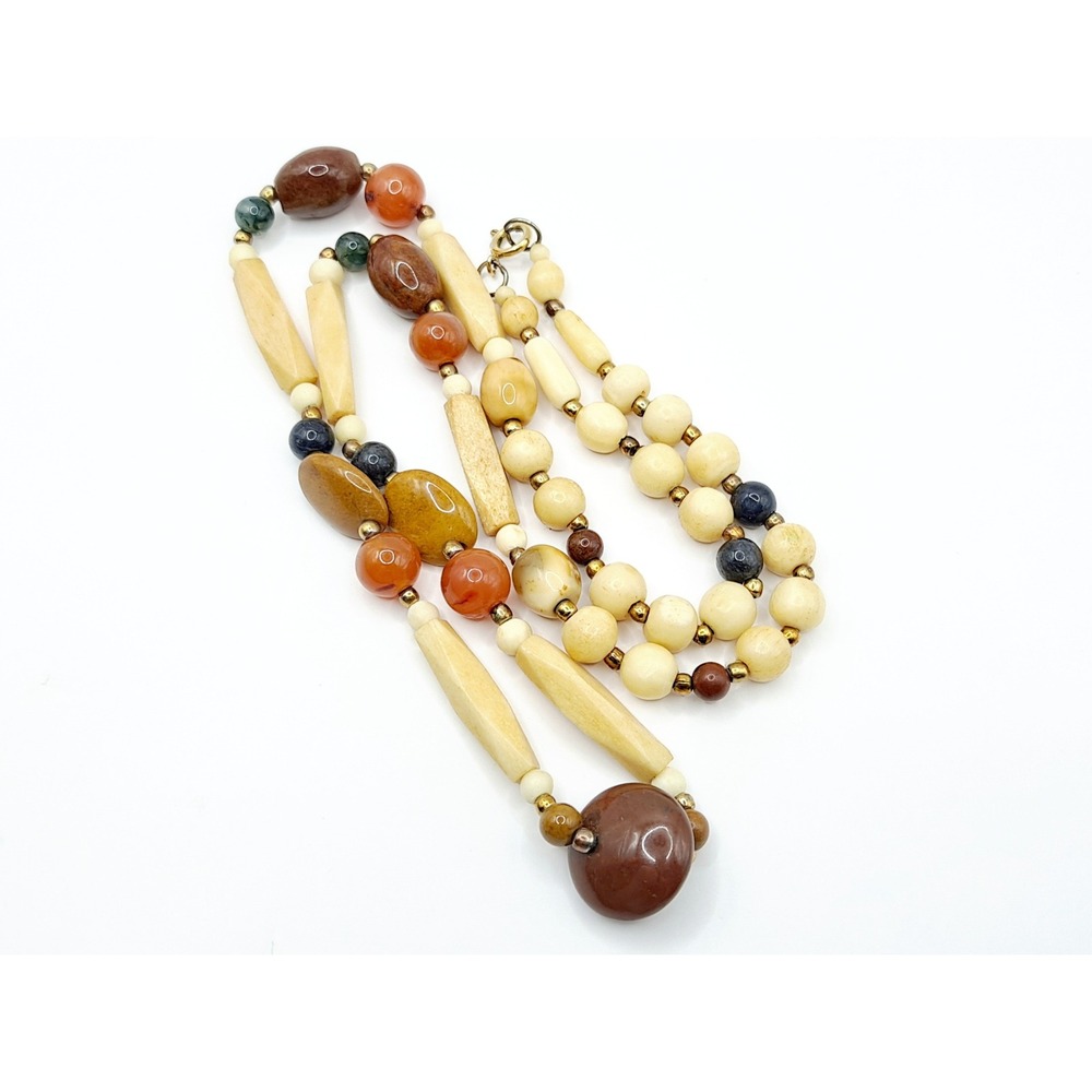 Vintage Beggars Bead Necklace Polished Stone Fall Earth Tones 28" - Picture 13 of 13